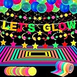 Glühen Neon Partyzubehör, 98,4 Feet 6 Rollen UV Schwarzlicht Reaktiv Leuchtend Band, 28,9 Feet 2 Neon Papier Girlande, LET'S GLOW Banner 10 Stern Hängen Wirbel, 25 Fluoreszierend Luftballon