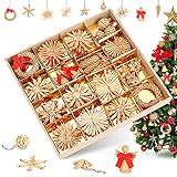 Strohsterne Weihnachtsbaumschmuck aus Stroh, 56-teiliges Christbaumschmuck Strohanhänger, Weihnachstbaum Schmuck, Natürlicher Christbaum-Behang, bis zu 6,5 cm große Sterne Herzen Engel
