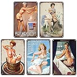 5 Stück Vintage MetallBlech Wandschild, Blech Metall Schilder Poster, Pinup-Mädchen-Muster, Retro-Wanddekoration, Kunst-Blechschild für Badezimmer, Zuhause, Café, Bar, Restaurant, Pub