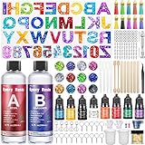 AOLLEN 186 Stück Epoxidharz Set Anfänger, Epoxidharz Formen Buchstaben Zahlen Epoxy Resin Silikonform für Schlüsselanhänger, 400ml harz Gießen Set mit Epoxidharz Zubehör, Farbe, Pailletten, Quasten