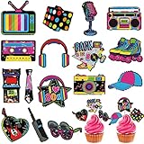 32 Stücke 80er Cupcake Topper 80er Thema Geburtstag Party Dekorationen für Erwachsene 80er Party Dekorationen Volles 1980er Party Zubehör DIY Dessert Toppers Rollschuh Kuchen Topper (80s Style)