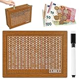 Retro Holz-Sparbüchse mit Aufbewahrungsbox, Kinder-Sparziel und Marker - Wiederverwendbare Spardose mit Sparziel und Zahlen zum ankreuzen (5000€)