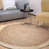 TT Home Jute Teppich Rund Wohnzimmer Esszimmer Boho Modern Handgemacht Mit Umrandung, Farbe:Elfenbein, Größe:160 cm Rund