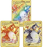 Seltene Pokemon-Karte, Sammlerstück, Metall, goldfarben, tolles Geburtstagsgeschenk für Mädchen und Jungen, 3 Charizard Vmax, 3 Stück