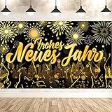 DPKOW Deutschen Frohes Neues Jahr Banner für 2023 Neujahr Party Dekoration, Schwarzes Gold Neujahr Hintergrund Banner für Neujahr Innen Außen Deko, Schwarzes Gold Silvester Dekoration, 185 * 110cm
