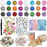 KKSJK Epoxidharz Zubehör Set mit Glitzer, Pailletten, Trocken Blumen, Goldfolie, Muscheln, Zahnräder, Pinzetten, für Harz Handwerk und Nagelkunst Dekoration