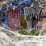 Halloween Deko Skelett, Halloween Deko Outdoor Figur Lebensgroß 2 Stück 85 cm Hängende Geister Hängender Sensenmann 60g Spinnennetz und 20 Kleine Spinnen