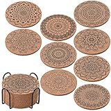 ionEgg Platzuntersetzer Korkuntersetzer für Getränke, wiederverwendbar, saugfähig, für kalte oder warme Getränke, 9 Stück, mit Metallhalter