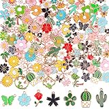 140 Stück Verschiedene Emaille Charm, Kalolary 70 Stile Blumen Themen Anhänger Kaktus Sonnenblume Gänseblümchen Sortiert Vergoldet Emaille Anhänger für Ohrringe Halskette Armband Schmuck DIY Basteln