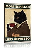 Metall-Blechschild im Vintage-Stil, schwarze Katze, Kaffee, Poster, Motiv: "More Espresso Less Depresso", 20,3 x 30,5 cm