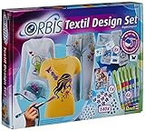 Orbis Airbrush, Orbis Textil Design Set, Textilfarbset, zum sprühen auf hellen Textilien, Fixierung durch Bügeln, waschbar bis 30 Grad, mit Textil-Farbpatronen, Schablonen, Schmucksteinen - 30450